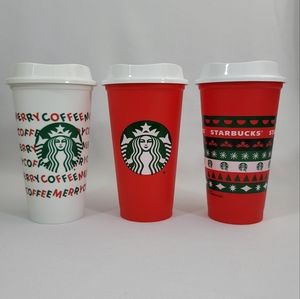 (3) Starbucks Reusable Hot Beverage Coffee Cups With Lids - Holiday Theme
